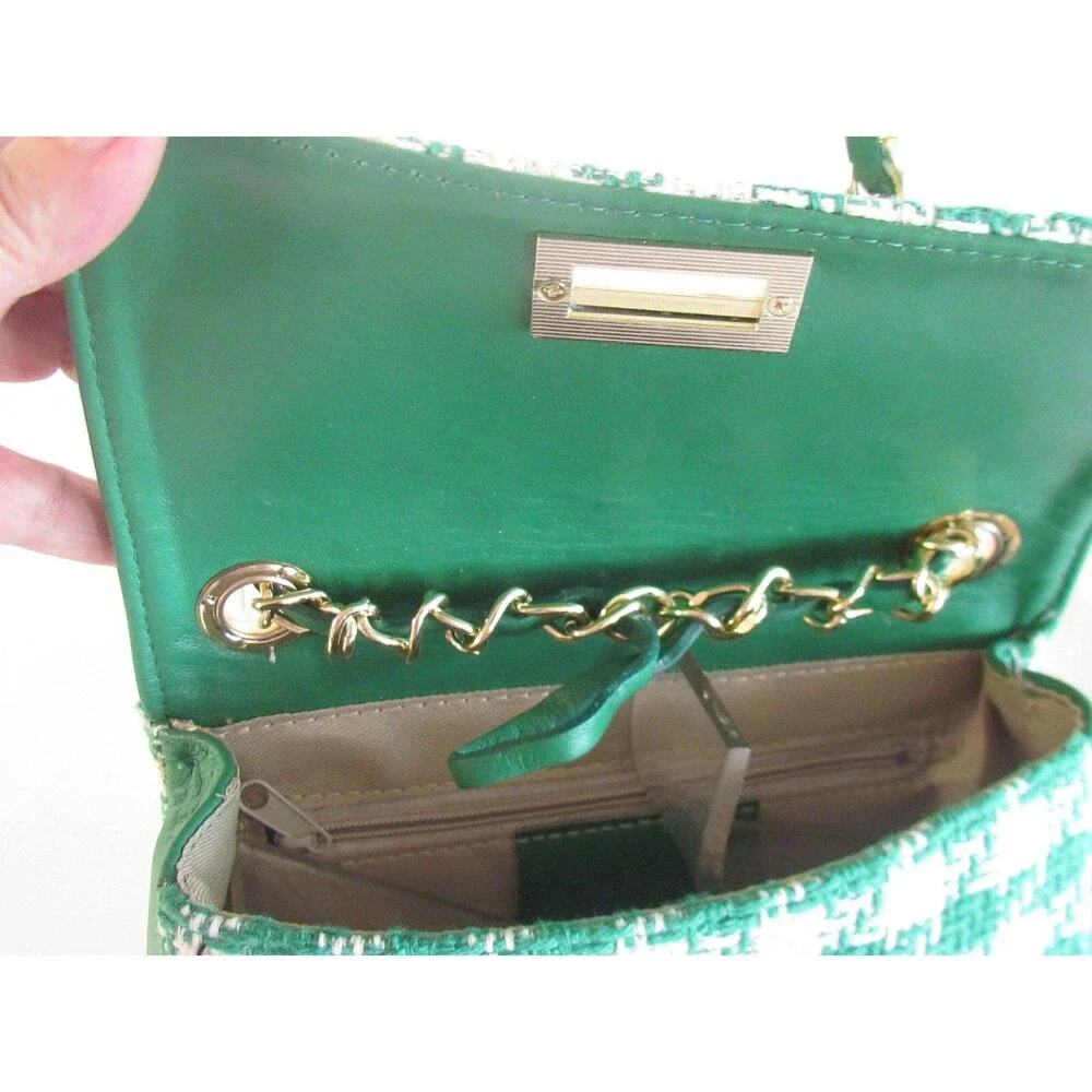 DESIGNER TSD12 GREEN /WHITE CHECK FABRIC PRINT CHAIN DETAIL SMALL CROSSBODY BAG